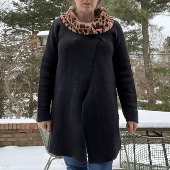 Ellen Tracy Wool-Blend Duster Coat Removable Faux Fur Leopard Collar SZ L - Picture 5 of 8